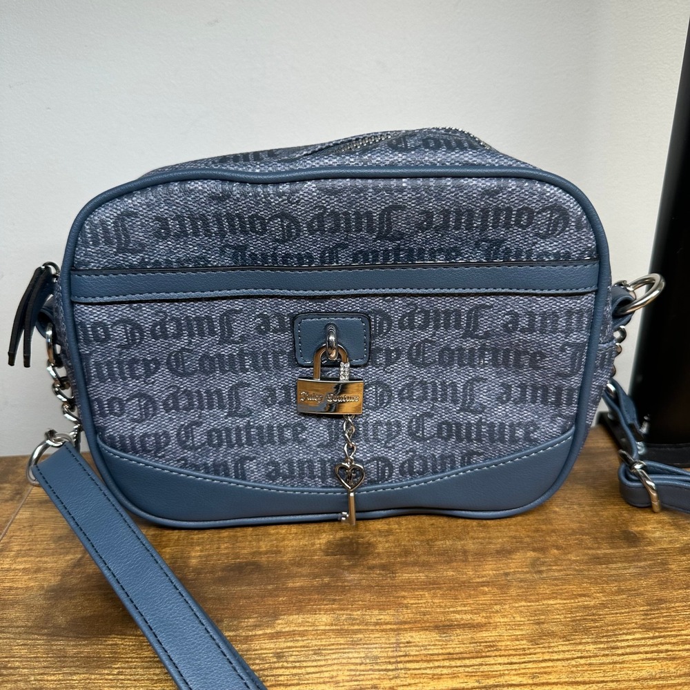 Juicy Couture Crossbody Bag Blue Grey Gothic Logo Print Padlock Charm Camera Bag